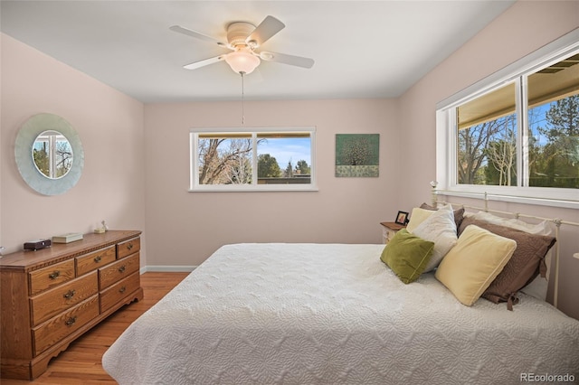 bedroom with light hardwood / wood-style flooring and ceiling fan