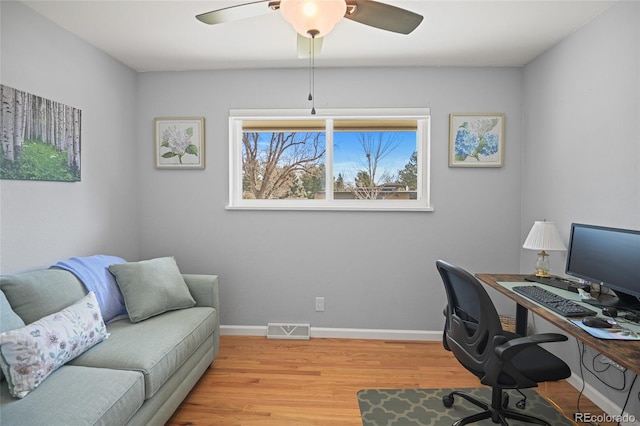 office area featuring ceiling fan and light wood-type flooring