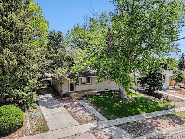 3715 Manchester St, Colorado Springs, CO 80907 - obstructed view of property featuring driveway, a front lawn, stucco siding, and a carport
