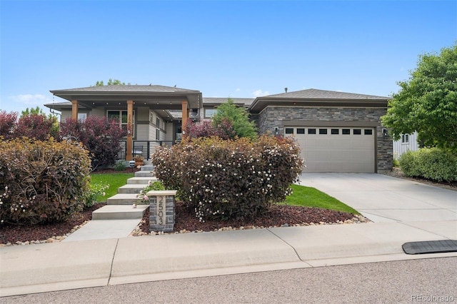 2503 Chaplin Creek Dr, Loveland, CO 80538 - prairie-style house with concrete driveway, an attached garage, and stone siding