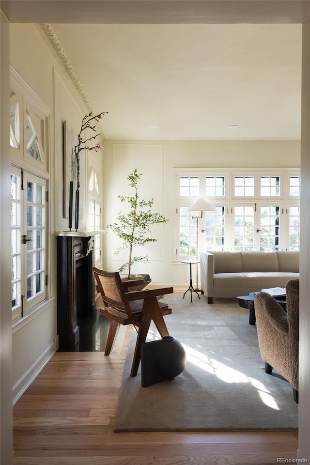 living area with a fireplace, wood finished floors, and baseboards