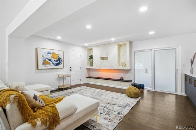 living room with dark wood-type flooring