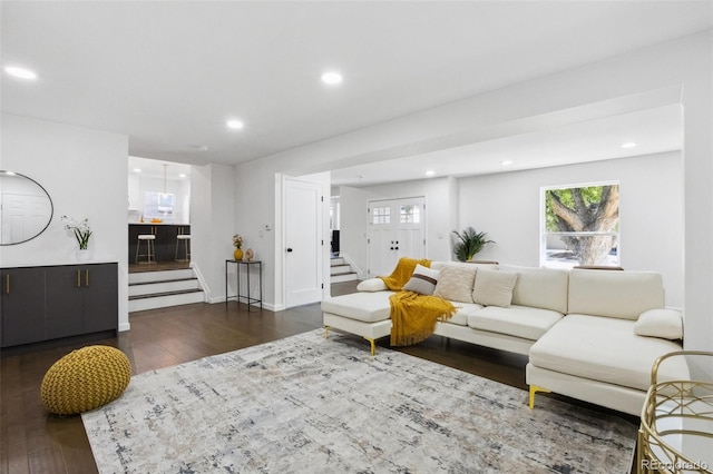 living room with dark wood-type flooring