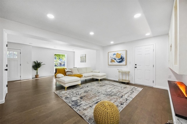 living room with dark hardwood / wood-style floors