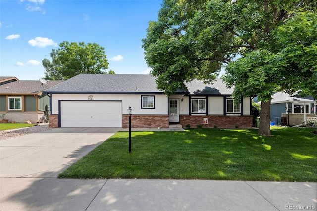 4421 Sunshine Cir, Loveland, CO 80538 - ranch-style house with an attached garage, brick siding, concrete driveway, and a front lawn
