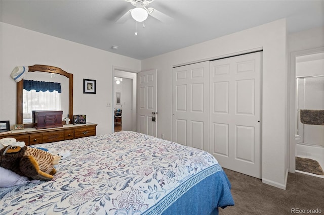 4421 Sunshine Cir, Loveland, CO 80538 - bedroom with carpet flooring, a closet, ceiling fan, and ensuite bath