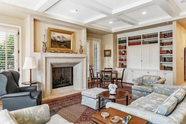 living room with coffered ceiling, a fireplace, and beamed ceiling