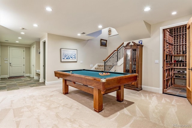 playroom with light carpet and billiards