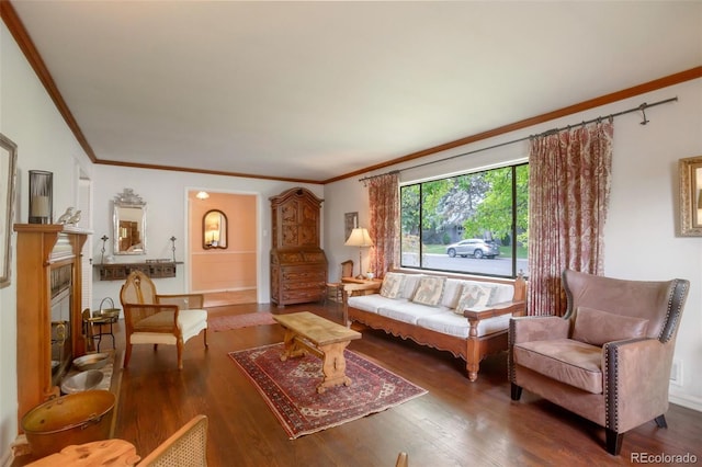 2309 E Floyd Pl, Englewood, CO 80113 - living area featuring crown molding, wood finished floors, and a glass covered fireplace