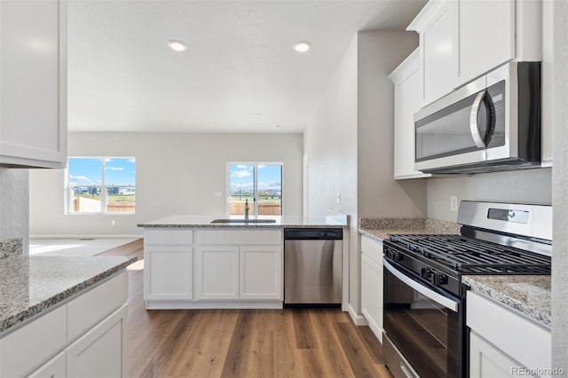 kitchen with white cabinetry, a healthy amount of sunlight, dark hardwood / wood-style flooring, and stainless steel appliances