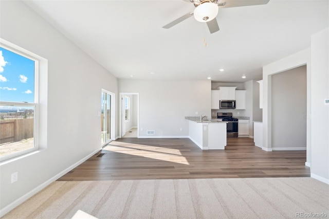 unfurnished living room with hardwood / wood-style floors, ceiling fan, and sink