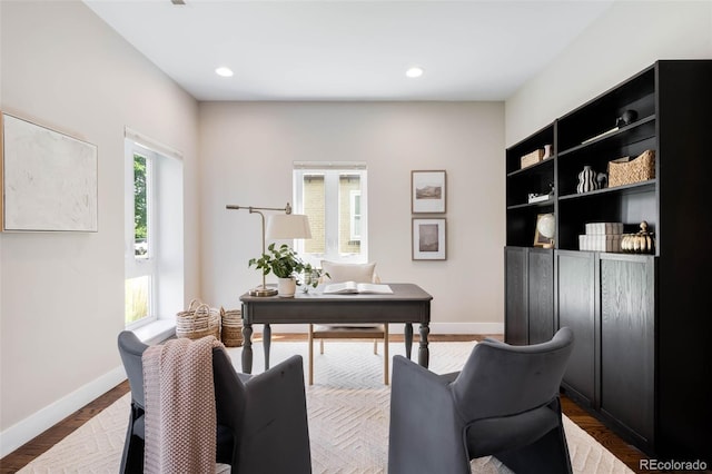 office area featuring baseboards, recessed lighting, and dark wood-style flooring