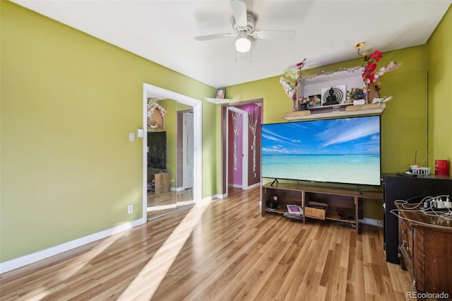 living room with ceiling fan and light wood-type flooring