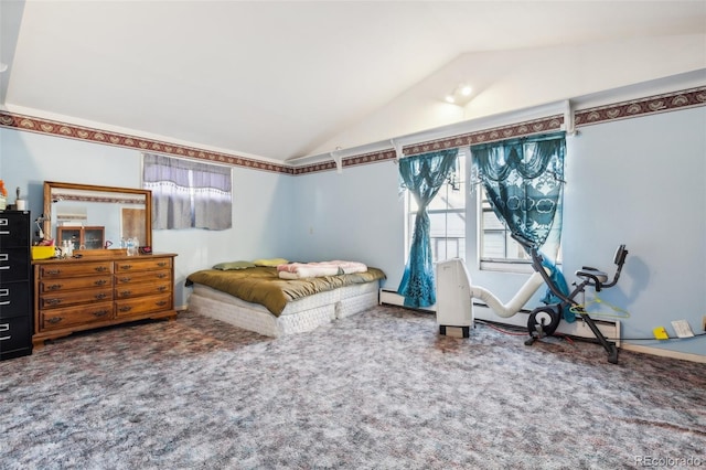 bedroom featuring carpet flooring and vaulted ceiling