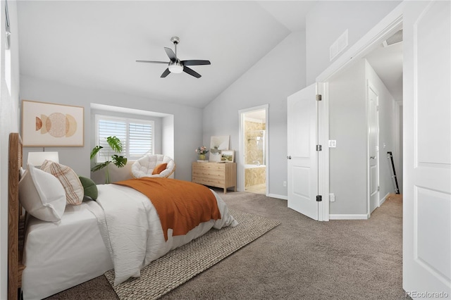 bedroom featuring visible vents, ensuite bath, carpet, and lofted ceiling