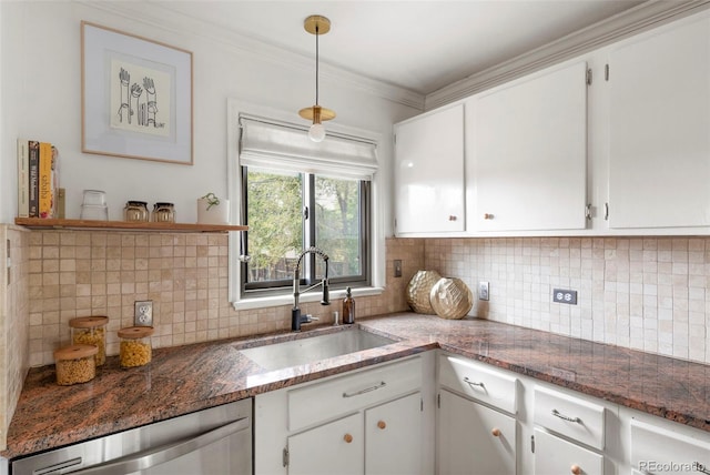 1411 S Beach Ct, Denver, CO 80219 - kitchen with a sink, stainless steel dishwasher, white cabinetry, tasteful backsplash, and crown molding