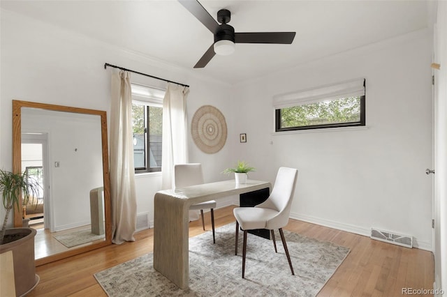 1411 S Beach Ct, Denver, CO 80219 - office space with plenty of natural light, crown molding, ceiling fan, light wood-style floors, and baseboards