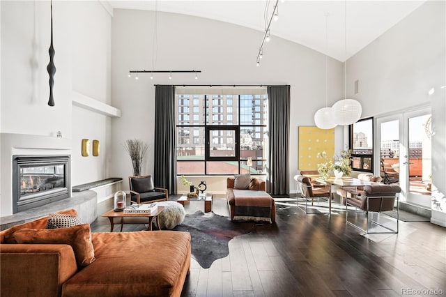 sitting room with wood-type flooring and high vaulted ceiling