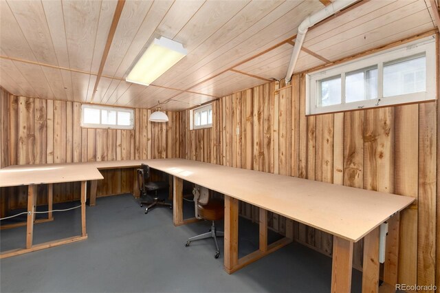 office with wood ceiling, wood walls, and finished concrete flooring