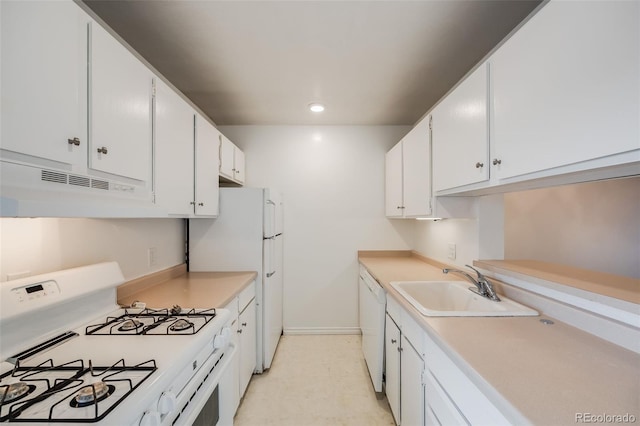 kitchen featuring a sink, white cabinetry, white appliances, light countertops, and under cabinet range hood