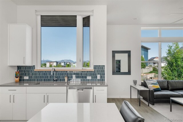 928 Cimarron Dr Unit C, Lafayette, CO 80026 - kitchen featuring stainless steel dishwasher, a sink, white cabinets, decorative backsplash, and wood finished floors