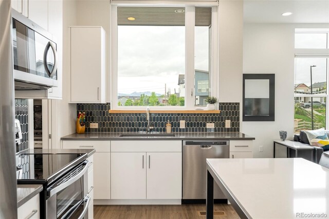 928 Cimarron Dr Unit C, Lafayette, CO 80026 - kitchen with stainless steel appliances, a sink, white cabinets, backsplash, and wood finished floors