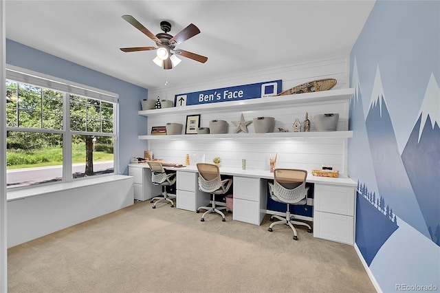 7064 E 2nd Ave, Denver, CO 80220 - office with light colored carpet, ceiling fan, and built in study area