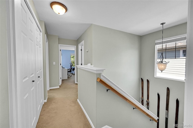 7064 E 2nd Ave, Denver, CO 80220 - hall featuring an upstairs landing, light colored carpet, and baseboards