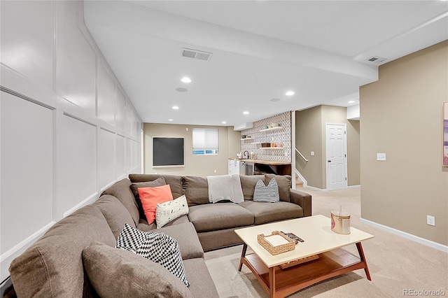 7064 E 2nd Ave, Denver, CO 80220 - living room with recessed lighting, light colored carpet, and baseboards