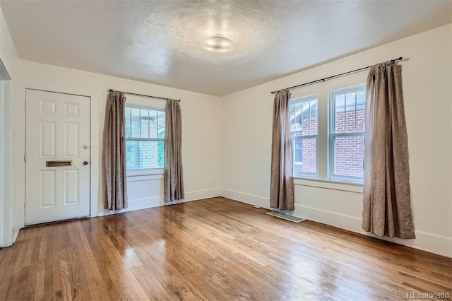 entryway with hardwood / wood-style flooring, a wealth of natural light, and a textured ceiling