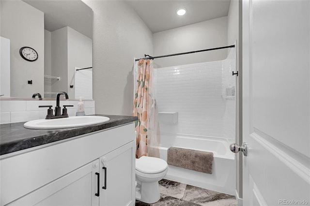 503 Bobcat Ct, Wiggins, CO 80654 - bathroom with vanity, marble look tile flooring, shower / bath combination with curtain, toilet, and recessed lighting