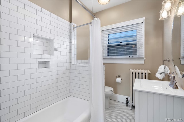 bathroom featuring shower / bathtub combination with curtain, radiator heating unit, tile patterned floors, and toilet