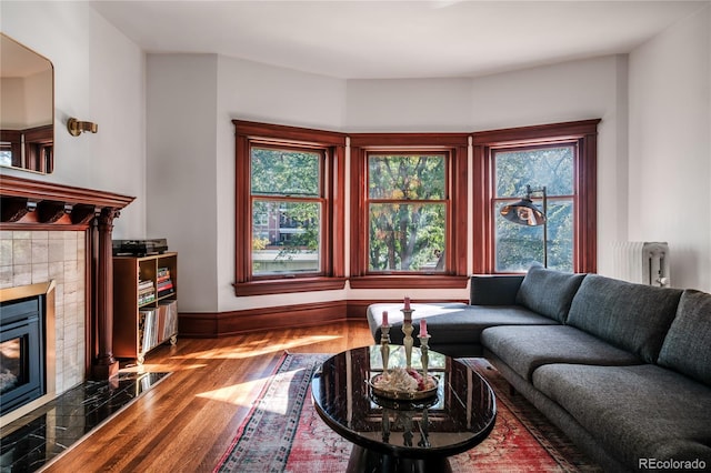 living room with a healthy amount of sunlight, wood-type flooring, radiator heating unit, and a tiled fireplace