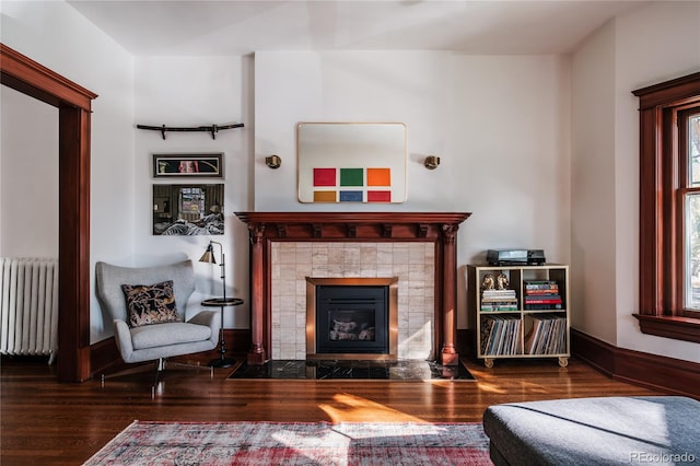 sitting room featuring a fireplace, radiator heating unit, and dark wood-type flooring