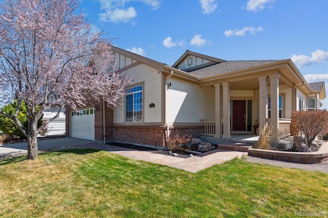 8714 E 148th Cir, Thornton, CO 80602 - ranch-style house featuring covered porch, a front lawn, brick siding, a garage, and concrete driveway