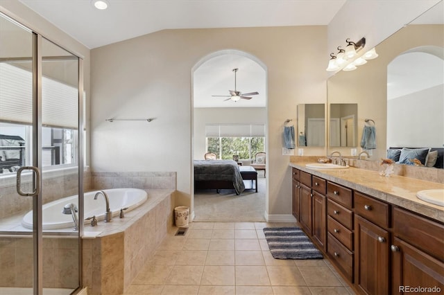 8714 E 148th Cir, Thornton, CO 80602 - ensuite bathroom with ensuite bathroom, a bath, a sink, a ceiling fan, and double vanity