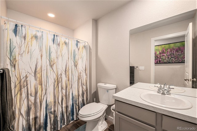 bathroom featuring vanity, toilet, and curtained shower