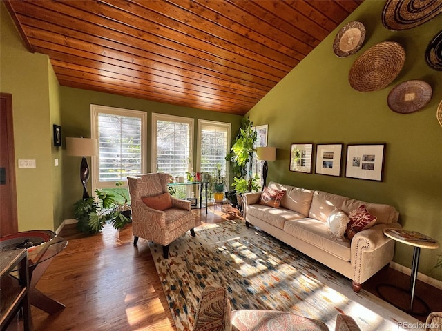 85 S Sherwood Gln, Monument, CO 80132 - living room with wooden ceiling, vaulted ceiling, baseboards, and wood finished floors