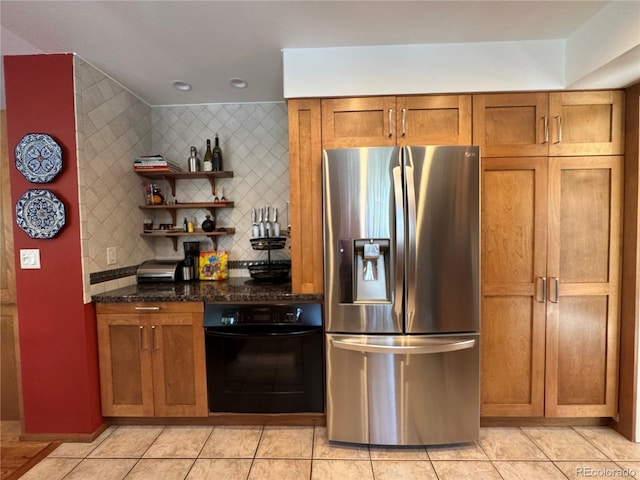 85 S Sherwood Gln, Monument, CO 80132 - kitchen featuring stainless steel refrigerator with ice dispenser, oven, open shelves, and brown cabinetry