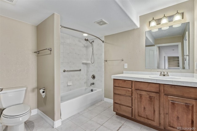 full bathroom featuring toilet,  shower combination, tile patterned flooring, and visible vents