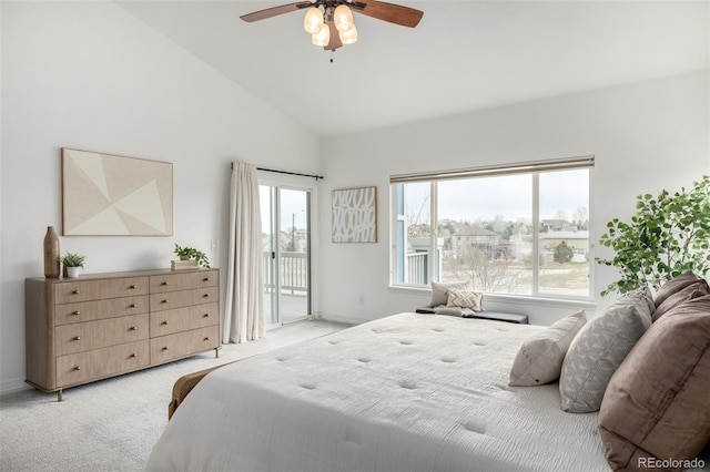 8802 E 148th Ln, Thornton, CO 80602 - bedroom featuring access to exterior, light colored carpet, high vaulted ceiling, and a ceiling fan