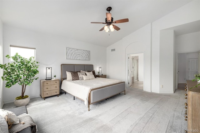 8802 E 148th Ln, Thornton, CO 80602 - bedroom with light carpet, high vaulted ceiling, and a ceiling fan