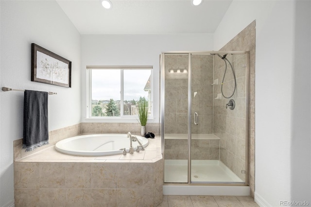 8802 E 148th Ln, Thornton, CO 80602 - bathroom featuring a garden tub, a shower stall, tile patterned floors, and recessed lighting