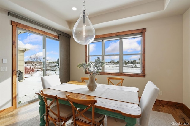 dining space with a raised ceiling and hardwood / wood-style floors