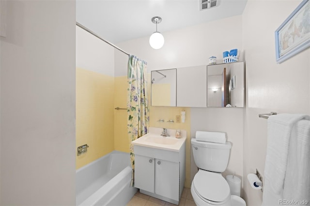 full bath featuring visible vents, shower / bath combo with shower curtain, toilet, tile patterned flooring, and vanity