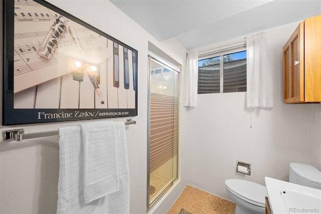 full bathroom featuring toilet, a stall shower, and vanity