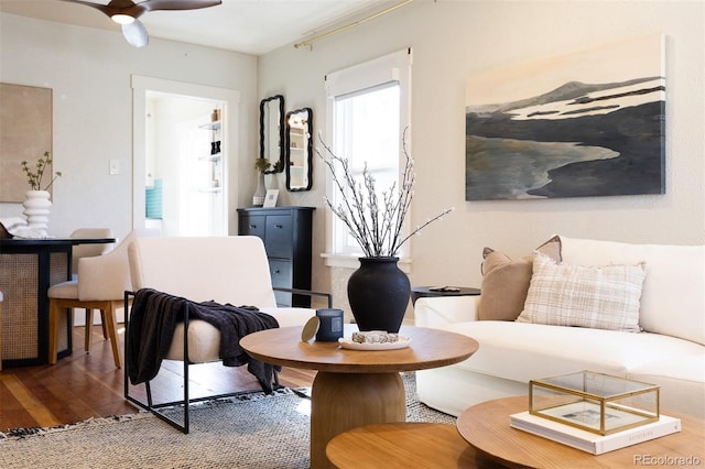 living room with ceiling fan and wood finished floors