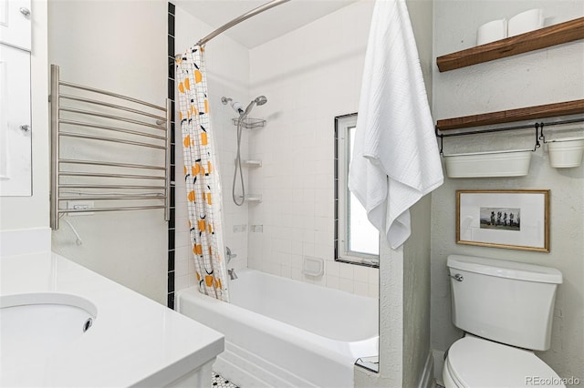 bathroom featuring toilet, shower / bath combination with curtain, and radiator