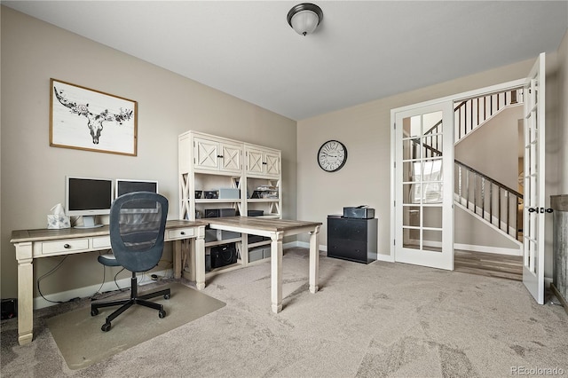 6827 Leilani Ln, Castle Rock, CO 80108 - office area with french doors, carpet flooring, and baseboards