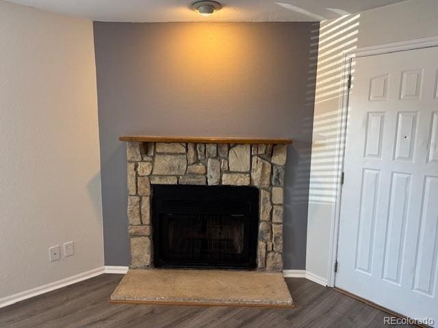 details featuring baseboards, wood finished floors, and a stone fireplace